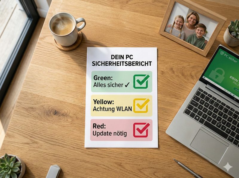 CyberSafe Sicherheitsbericht mit Ampelfarben auf Schreibtisch