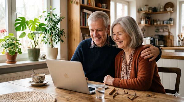 Älteres Ehepaar lächelt gemeinsam am Laptop — IT-Sicherheit einfach gemacht